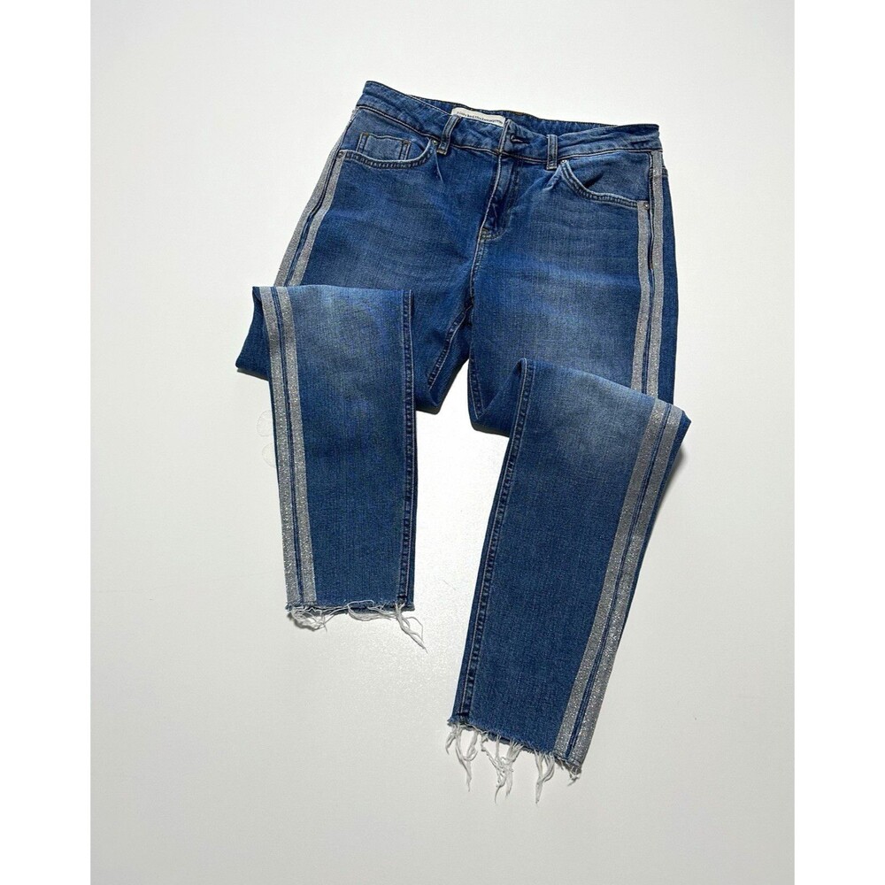 Pilcro and the Letterpress Silver Tuxedo Side Stripe Ankle Jeans Raw Hem Sz 27